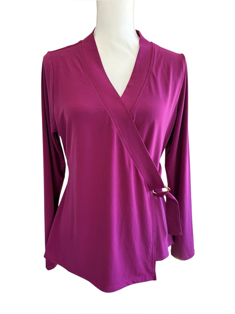 Tahari Magenta Wrap Top Size Large, Long Sleeve V-Neck Office Chic